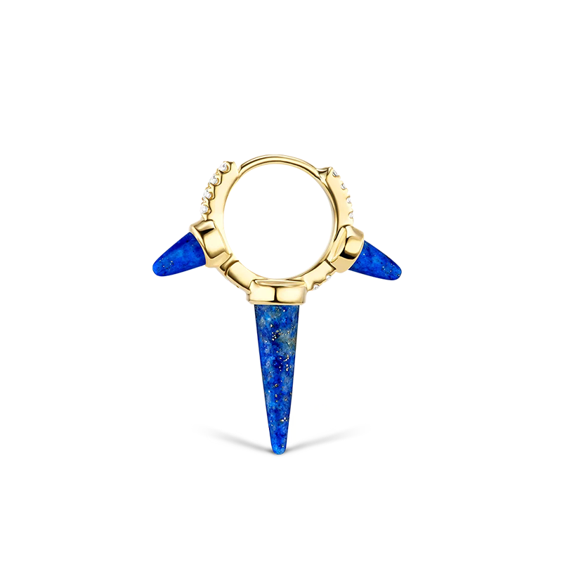 8mm Lapis Triple Long Spike Diamond Eternity Hoop Earring /YG