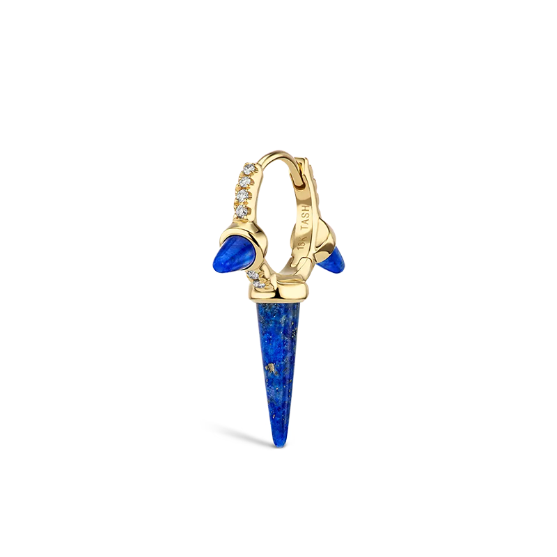 8mm Lapis Triple Long Spike Diamond Eternity Hoop Earring /YG