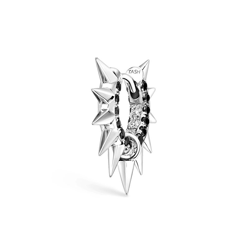 6.5mm Metal Mohawk with Black and White Diamond Pavé Hoop Earring /WG