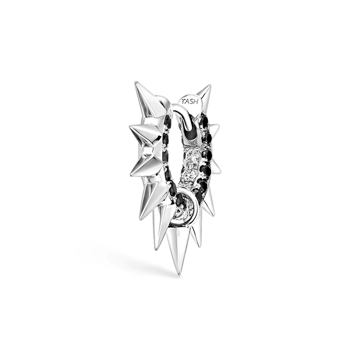 6.5mm Metal Mohawk with Black and White Diamond Pavé Hoop Earring /WG