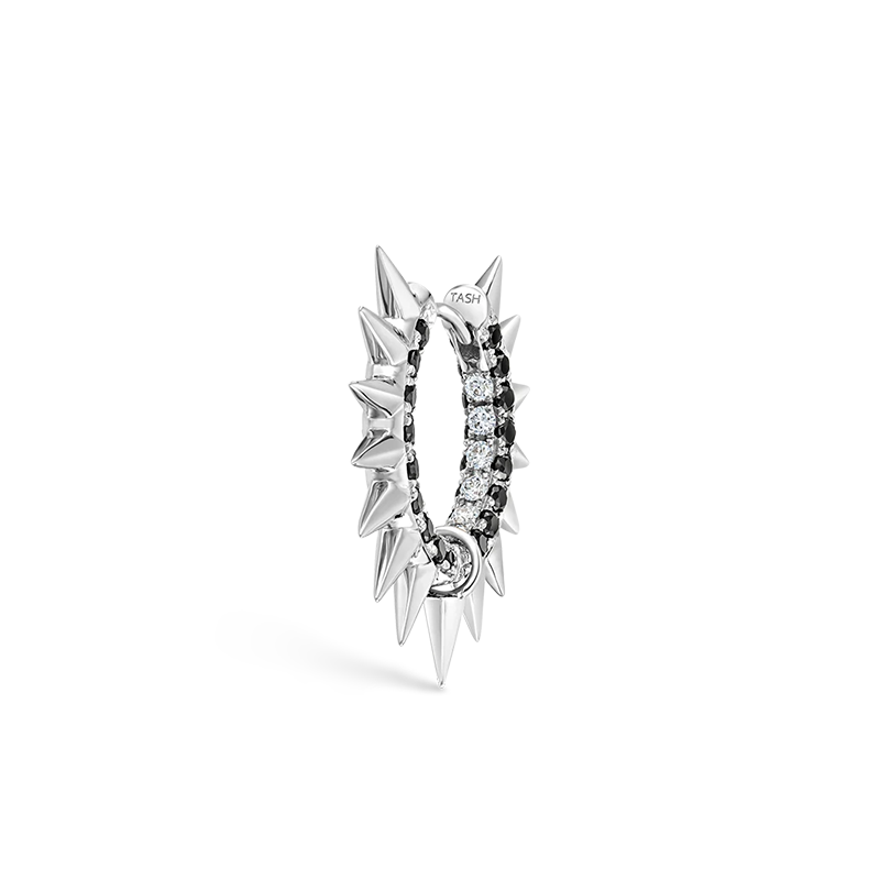 9.5mm Metal Mohawk with Black and White Diamond Pavé Hoop Earring /WG