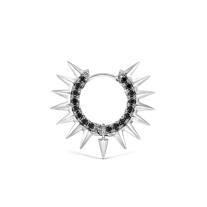 9.5mm Metal Mohawk with Black and White Diamond Pavé Hoop Earring /WG