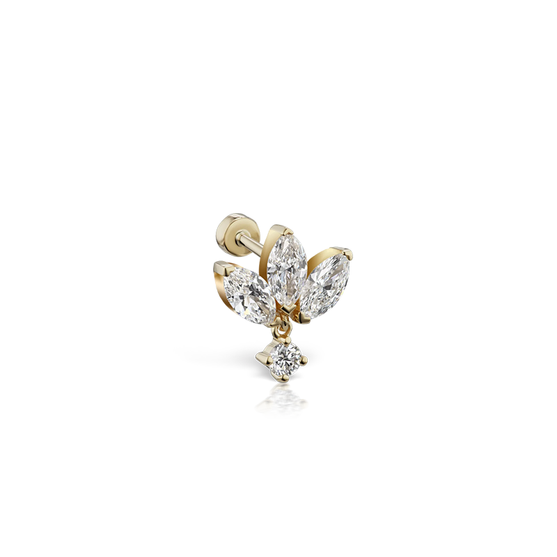 6mm Invisible Diamond Lotus with Dangle Threaded Stud Earring /YG